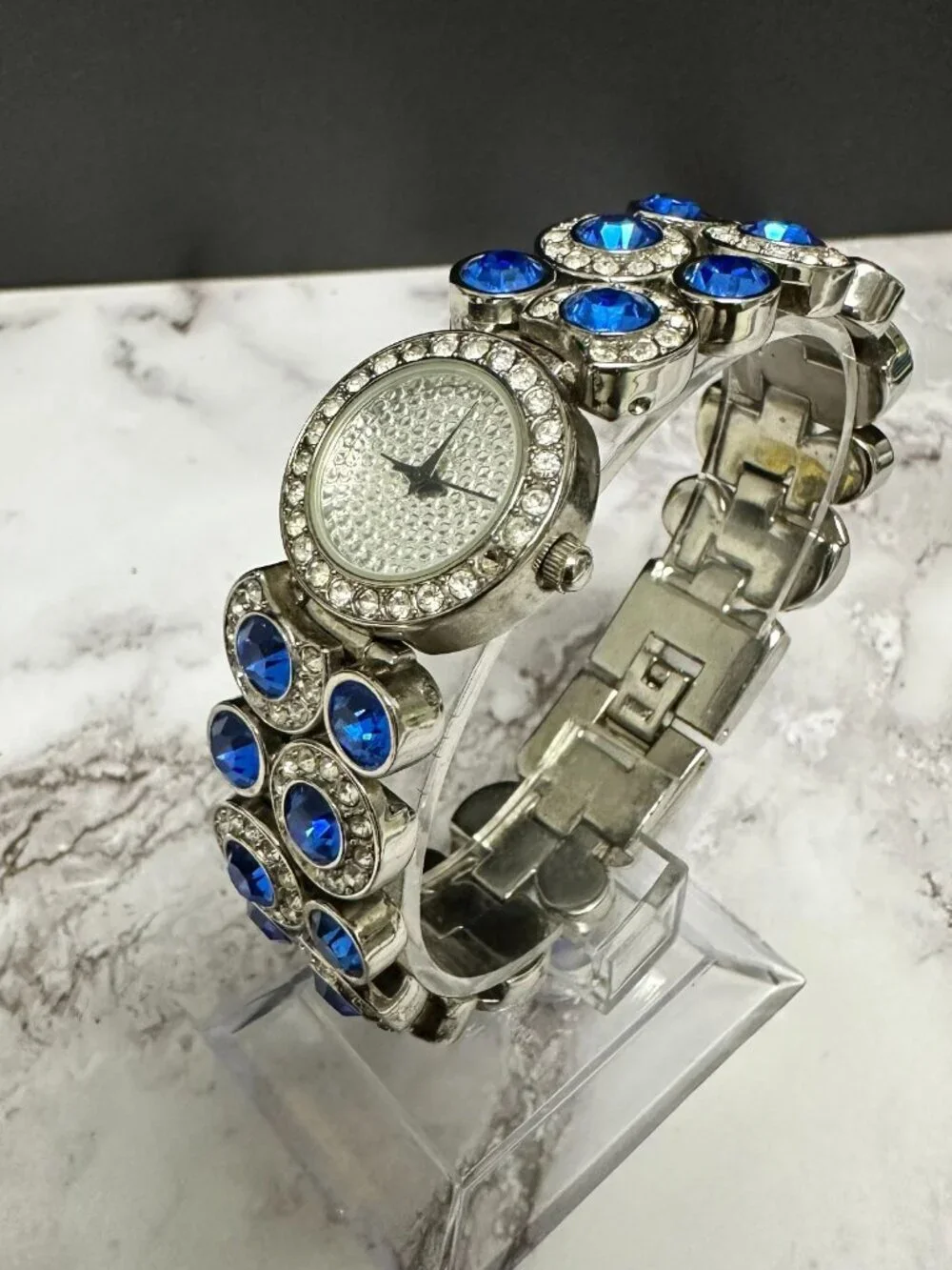 Suzanne Somers Watch Women Silver Tone Blue Rhinestone Bling Band New Battery